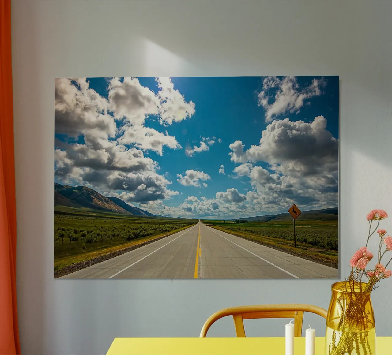 highway open road road sign clouds mountains landscape poster with plastic frame by Kirsten C Nolan