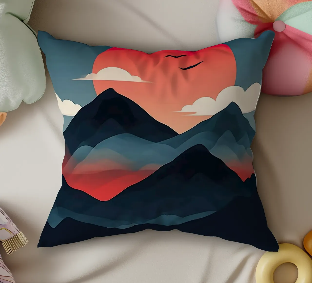 mountains sun clouds sky birds silhouette sunset dusk decorative cushion by Kirsten C Nolan