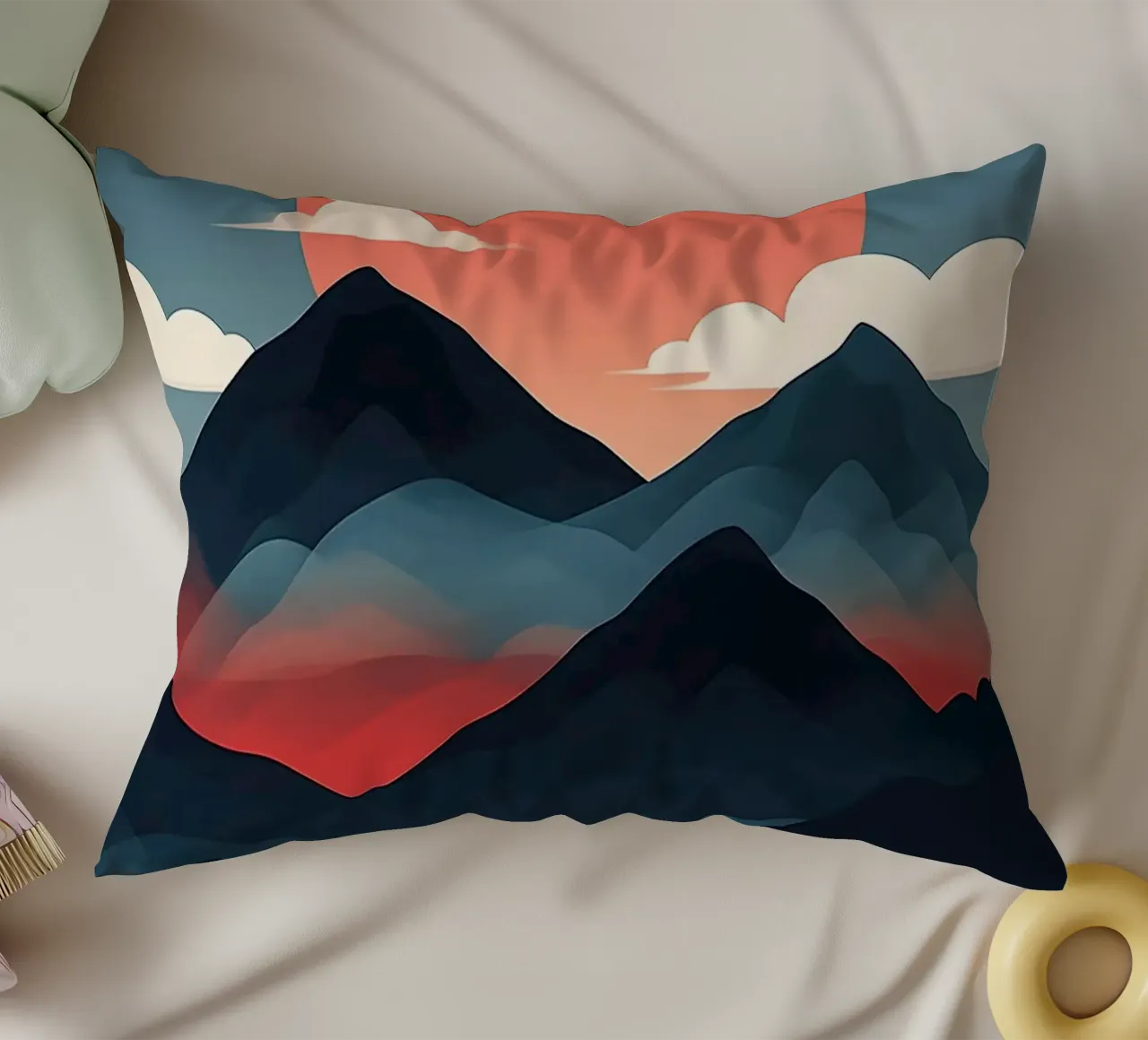 mountains sun clouds sky birds silhouette sunset dusk decorative cushion by Kirsten C Nolan
