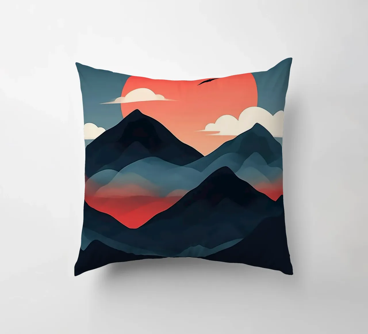 mountains sun clouds sky birds silhouette sunset dusk decorative cushion by Kirsten C Nolan