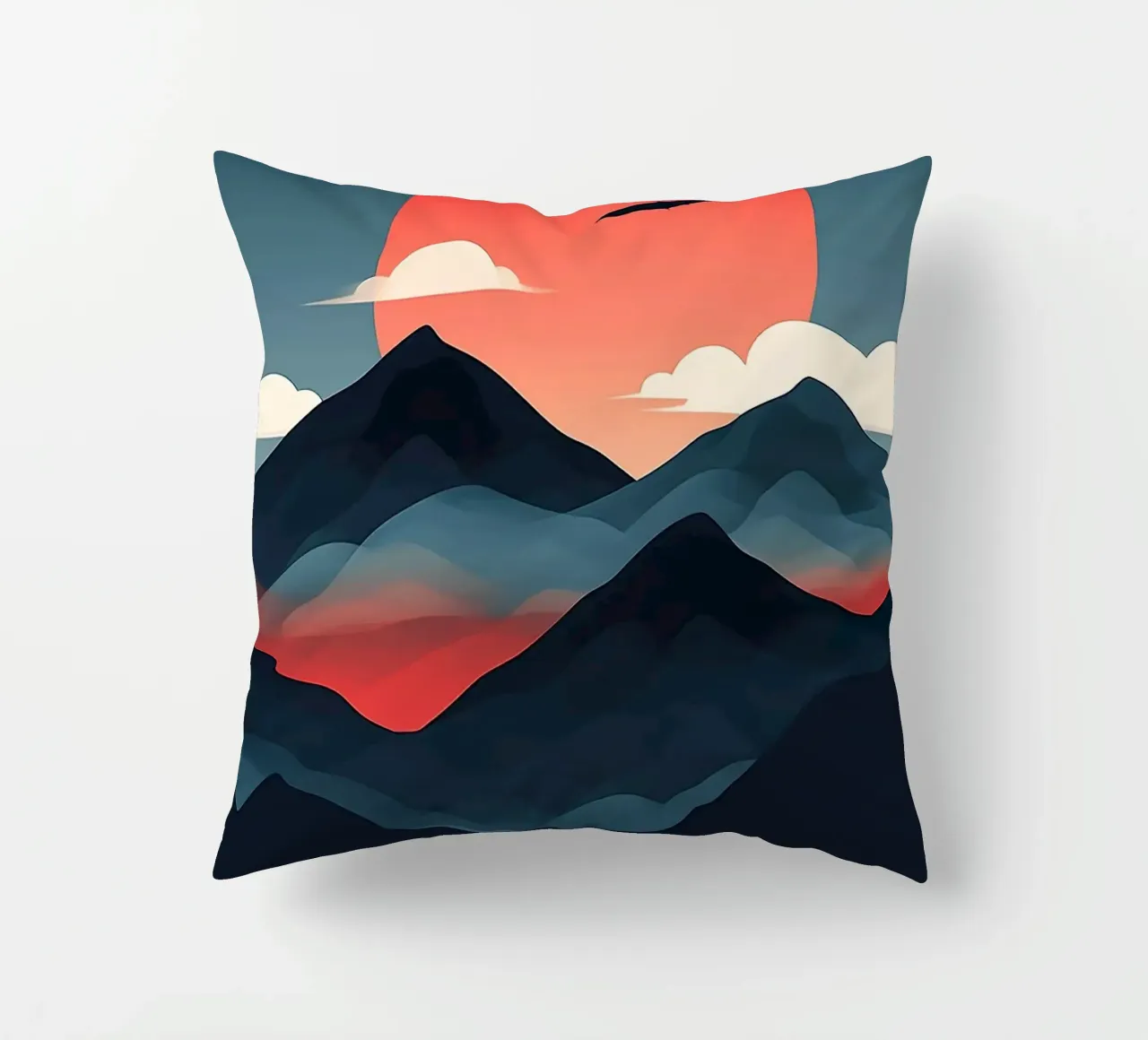 mountains sun clouds sky birds silhouette sunset dusk decorative cushion by Kirsten C Nolan