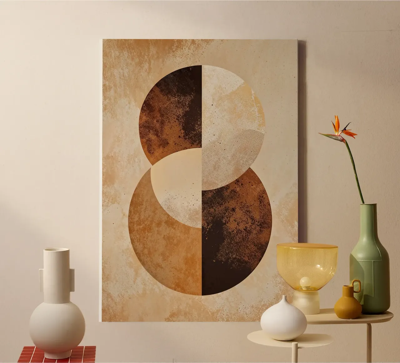 circles symmetry brown tan halves rounded shapes canvas by Kirsten C Nolan