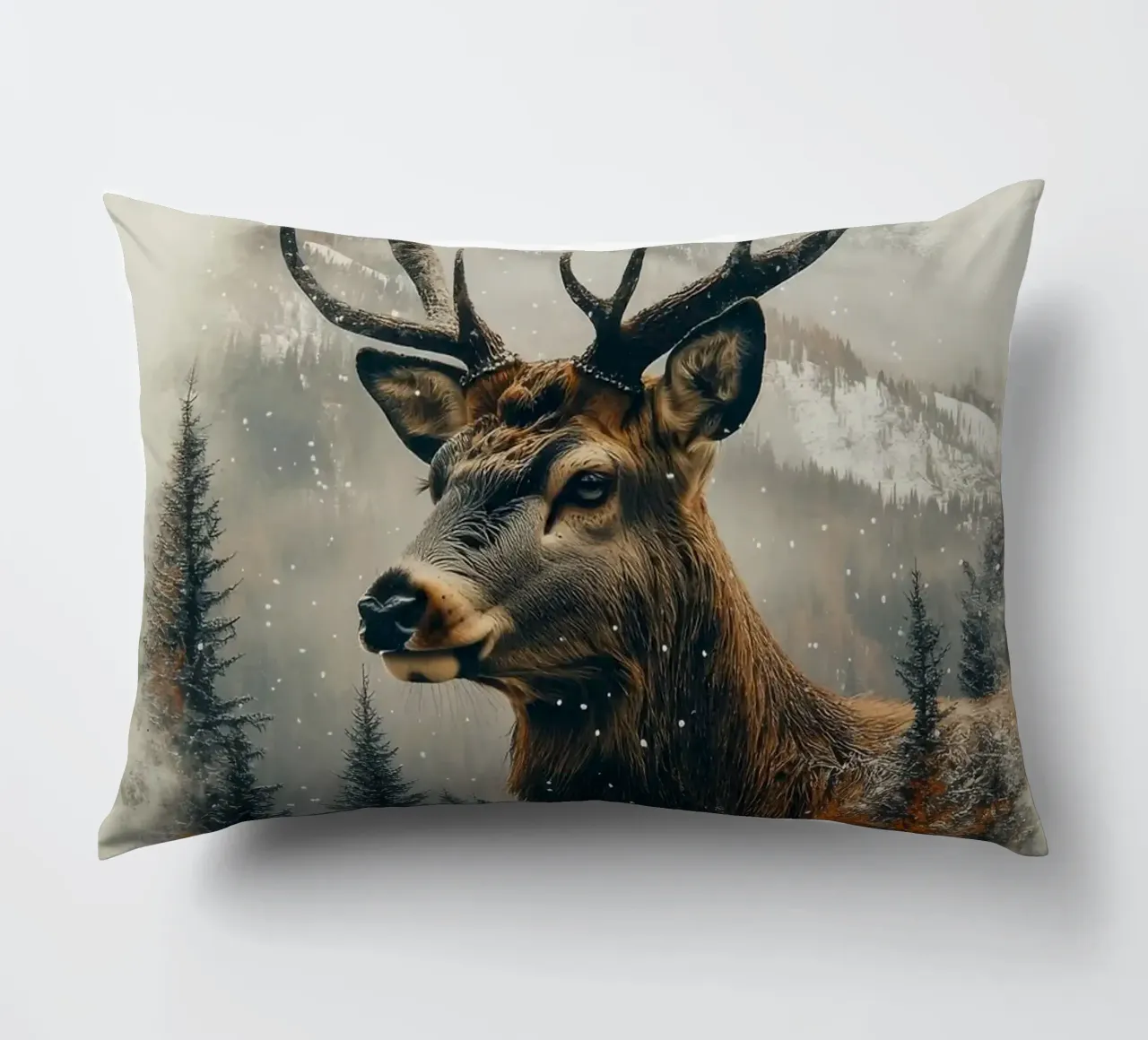 deer antlers snow forest trees mountains winter decorative cushion by Kirsten C Nolan