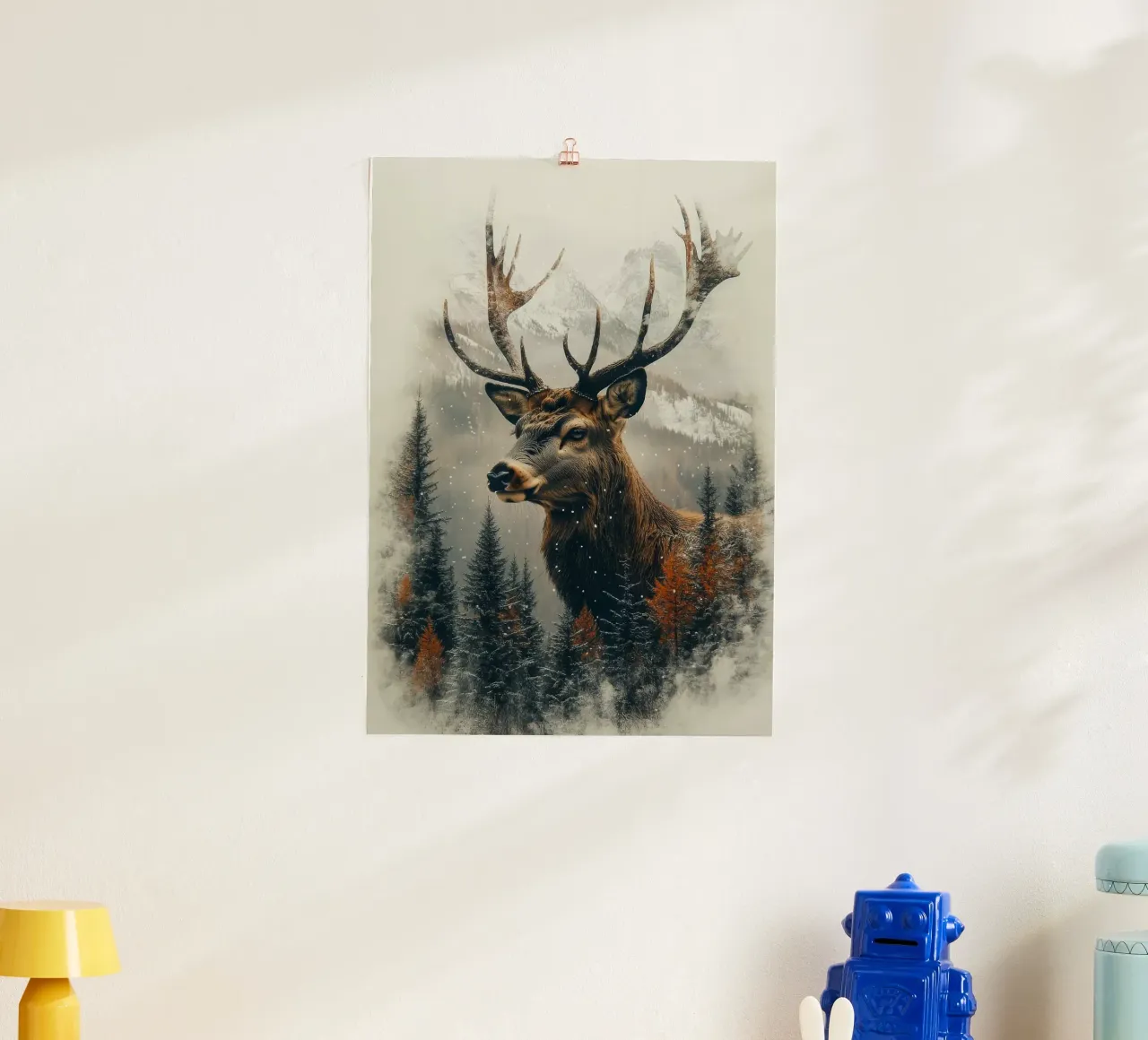 deer antlers snow forest trees mountains winter hahnemühle by Kirsten C Nolan