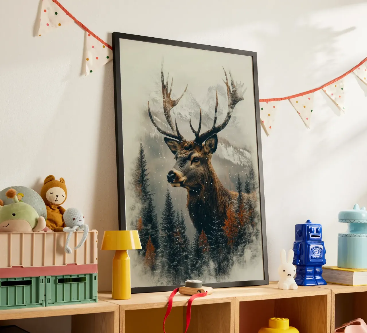 deer antlers snow forest trees mountains winter hahnemühle by Kirsten C Nolan