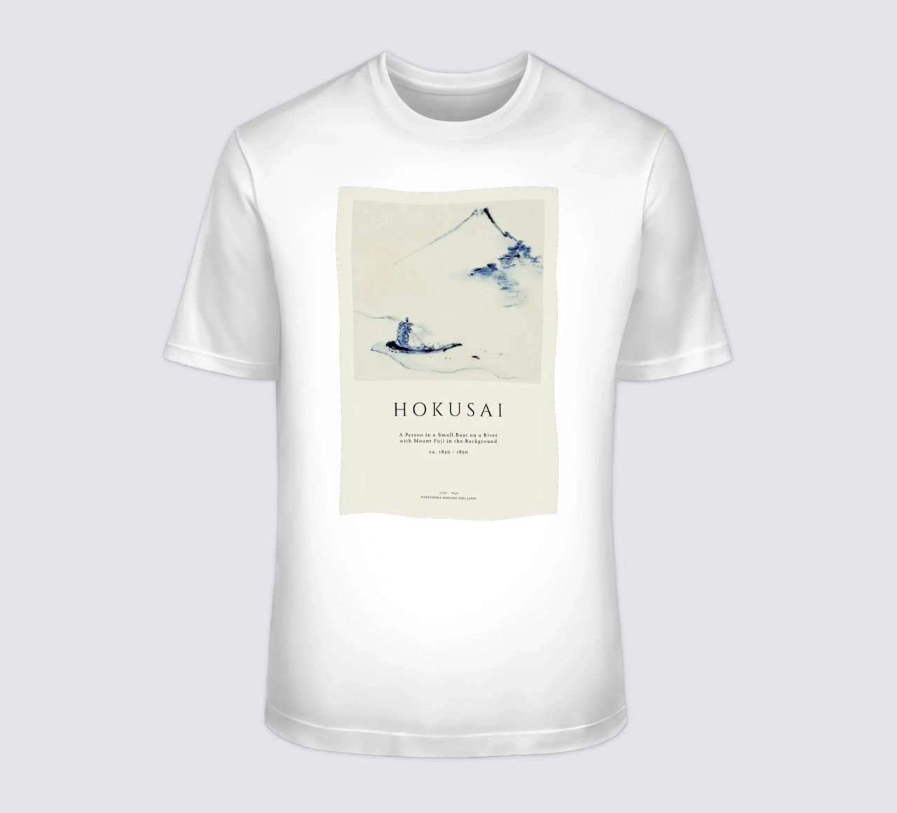 Hokusai - A Person in a Small Boat on a River with Mount Fuji in the Background II t-shirt by Vintage by JUNIQE
