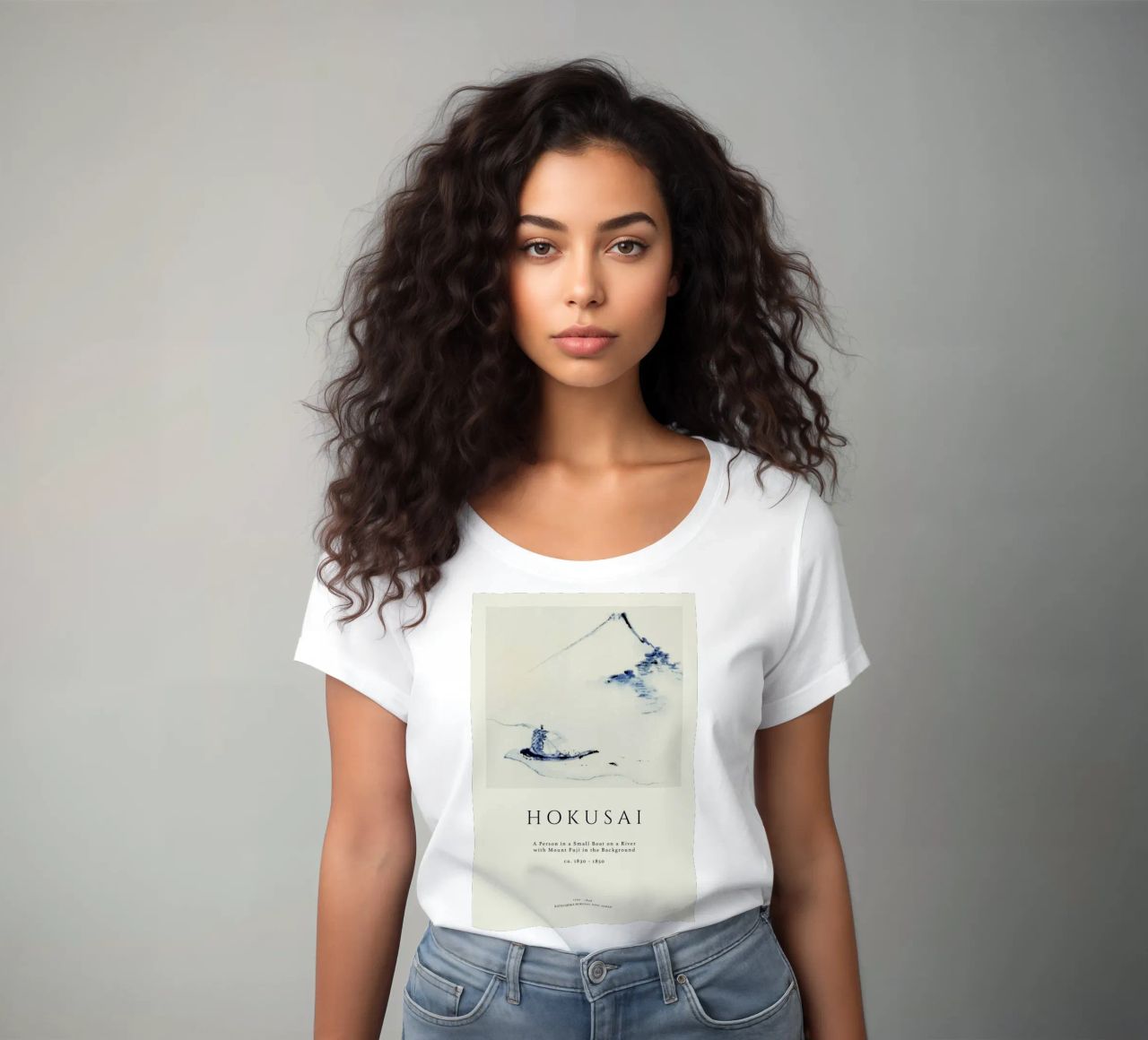 Hokusai - A Person in a Small Boat on a River with Mount Fuji in the Background II women's fitted t-shirt by Vintage by JUNIQE