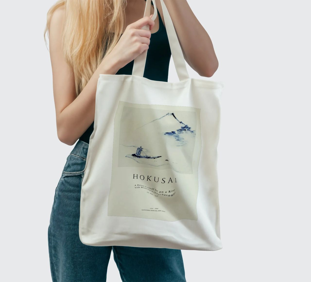 Hokusai - A Person in a Small Boat on a River with Mount Fuji in the Background II tote bag by Vintage by JUNIQE