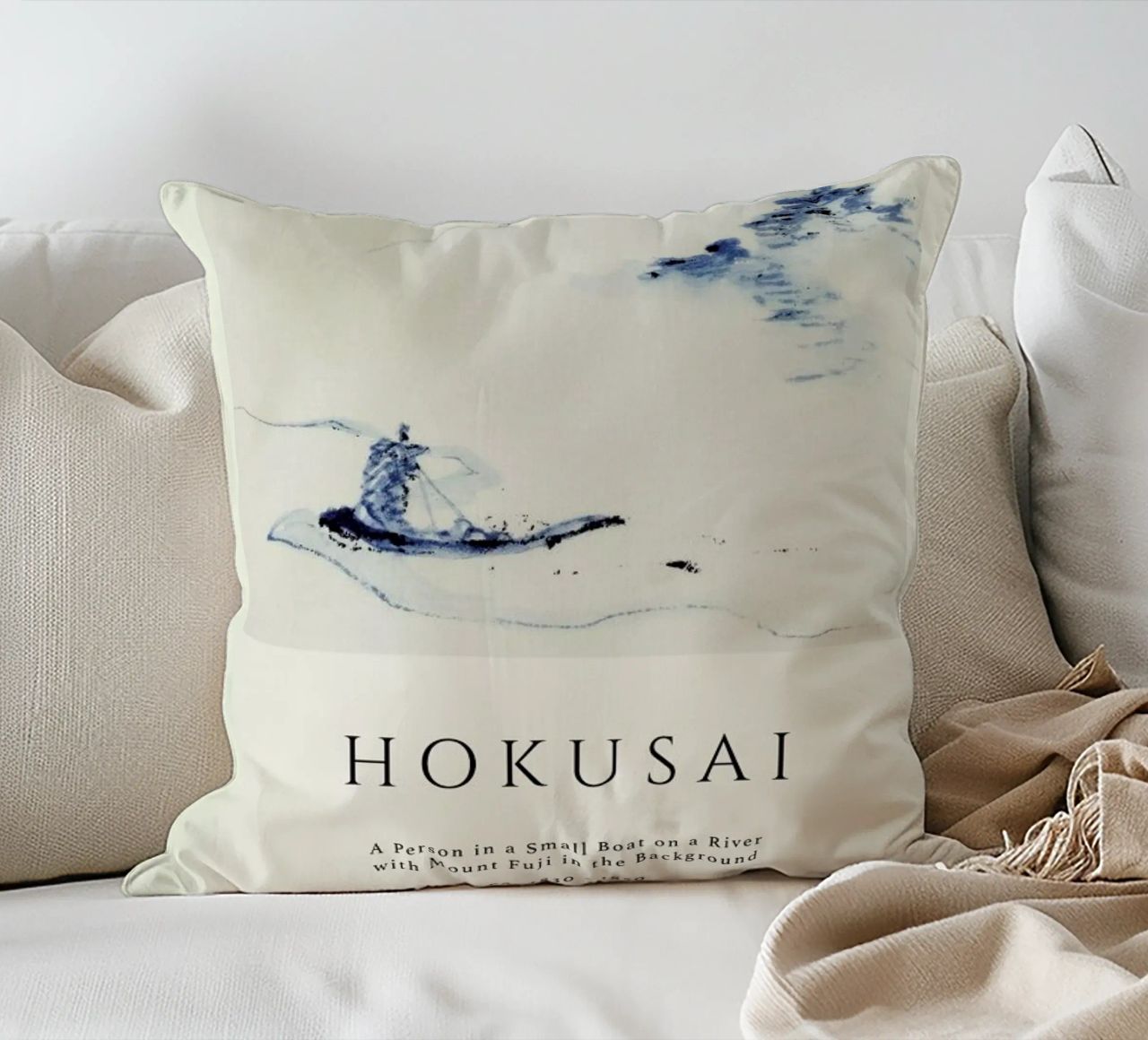 Hokusai - A Person in a Small Boat on a River with Mount Fuji in the Background II decorative cushion by Vintage by JUNIQE