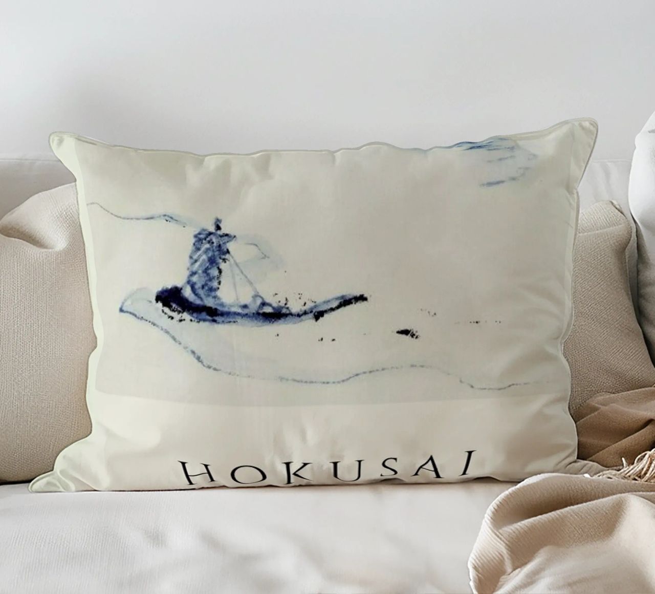 Hokusai - A Person in a Small Boat on a River with Mount Fuji in the Background II decorative cushion by Vintage by JUNIQE