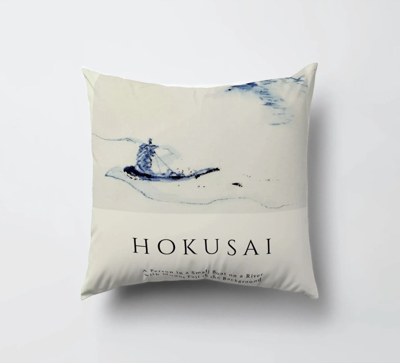 Hokusai - A Person in a Small Boat on a River with Mount Fuji in the Background II decorative cushion by Vintage by JUNIQE