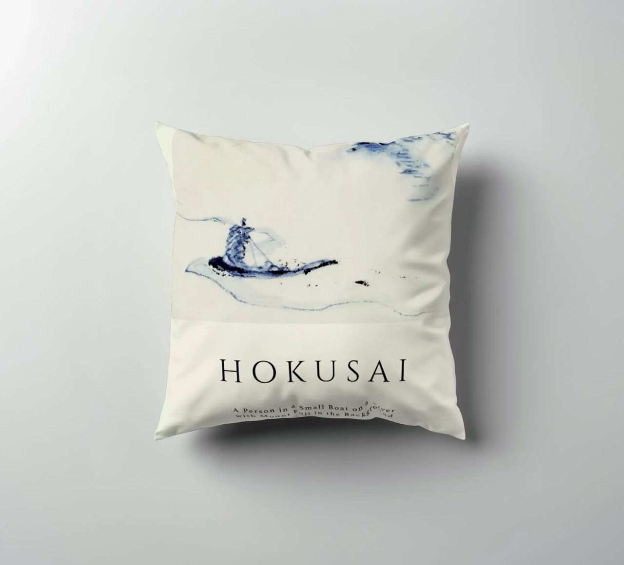 Hokusai - A Person in a Small Boat on a River with Mount Fuji in the Background II decorative cushion by Vintage by JUNIQE