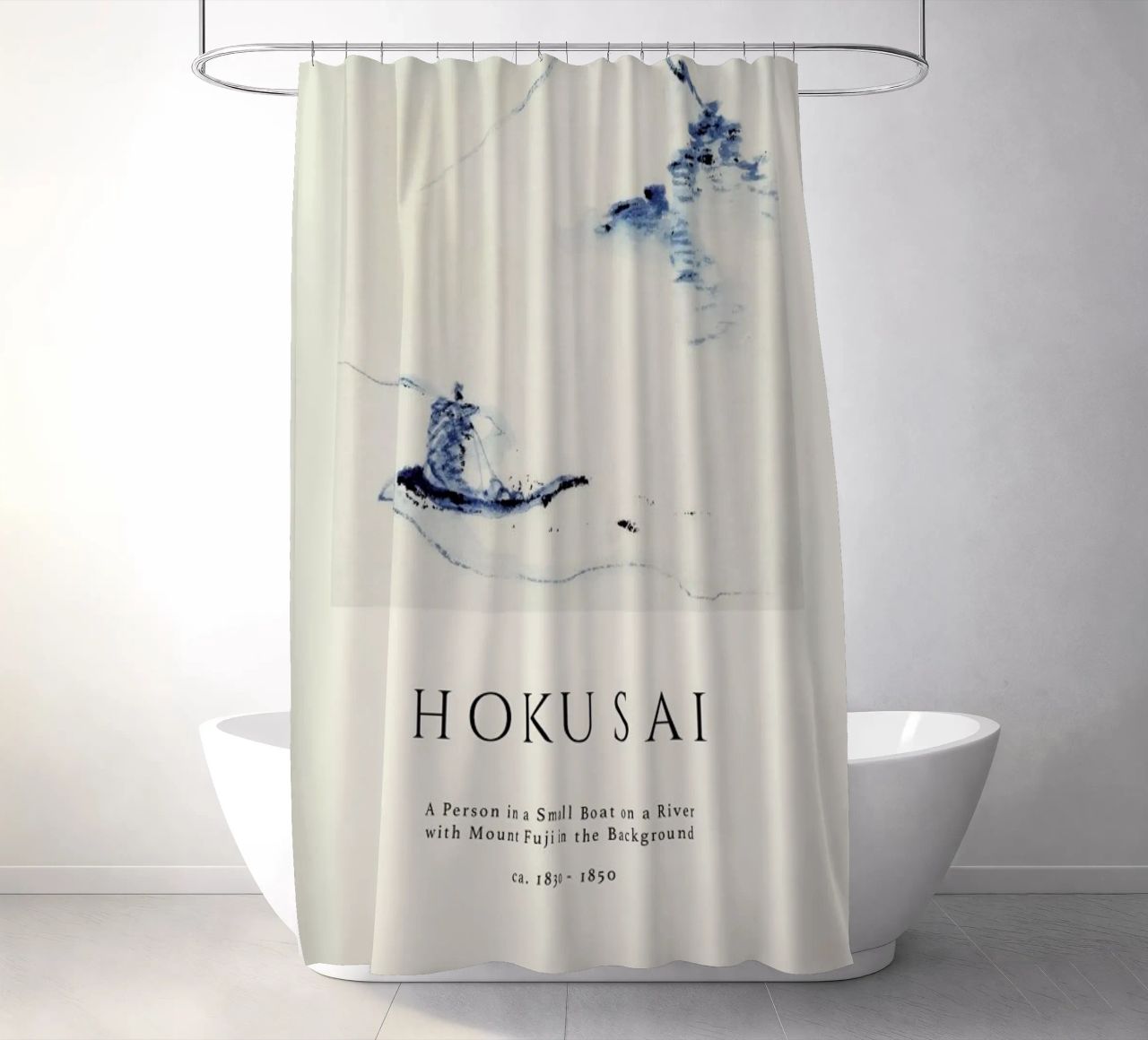 Hokusai - A Person in a Small Boat on a River with Mount Fuji in the Background II shower curtain by Vintage by JUNIQE