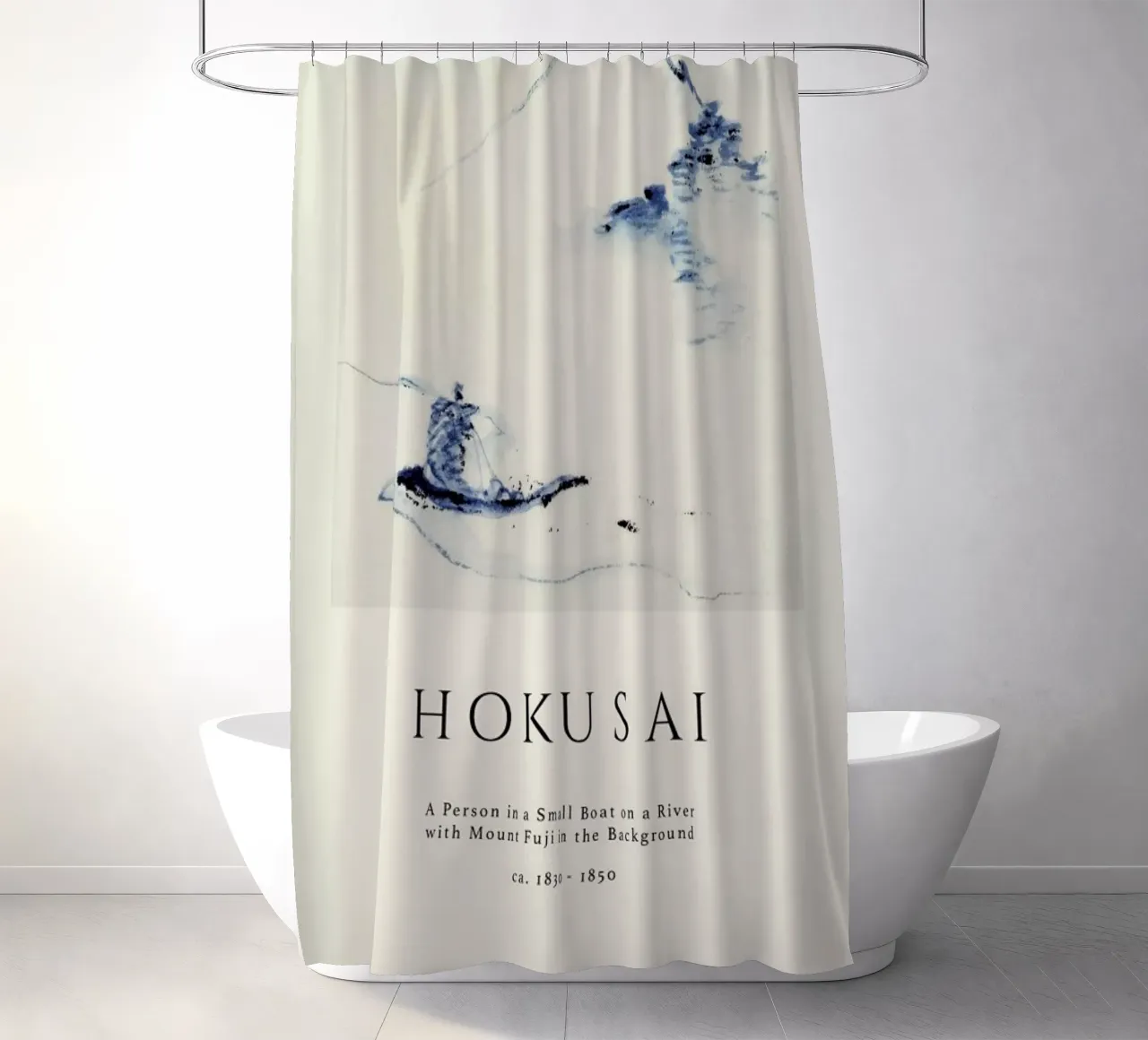 Hokusai - A Person in a Small Boat on a River with Mount Fuji in the Background II tenda da doccia da Vintage by JUNIQE