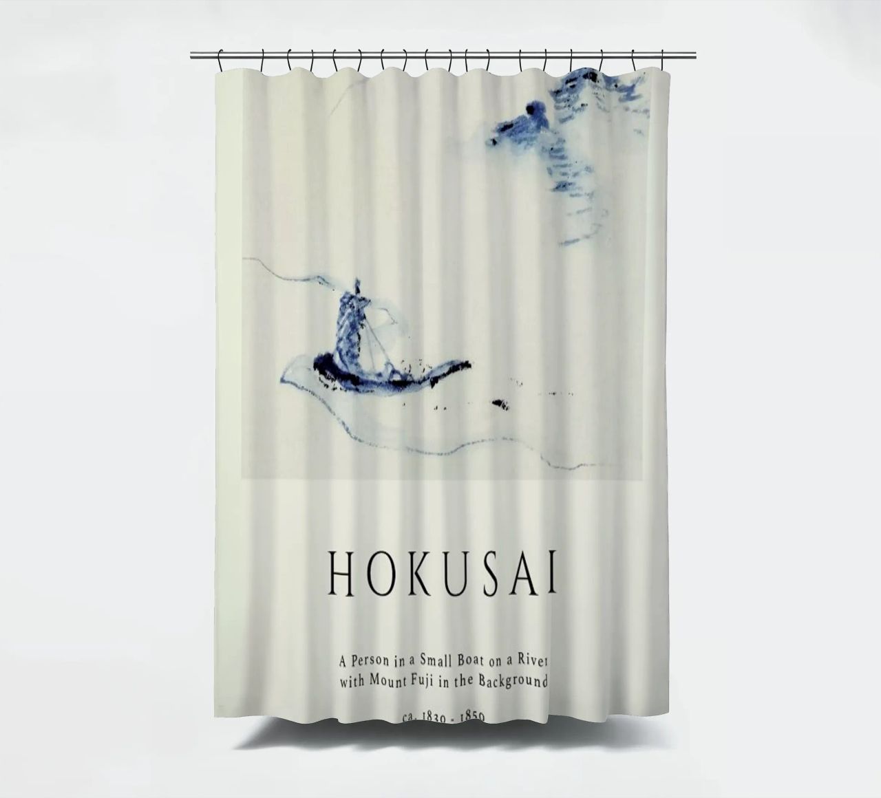 Hokusai - A Person in a Small Boat on a River with Mount Fuji in the Background II shower curtain by Vintage by JUNIQE