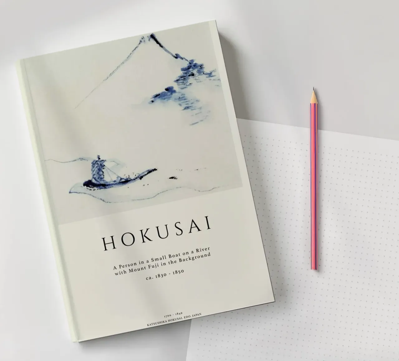 Hokusai - A Person in a Small Boat on a River with Mount Fuji in the Background II Notizbuch von Vintage by JUNIQE
