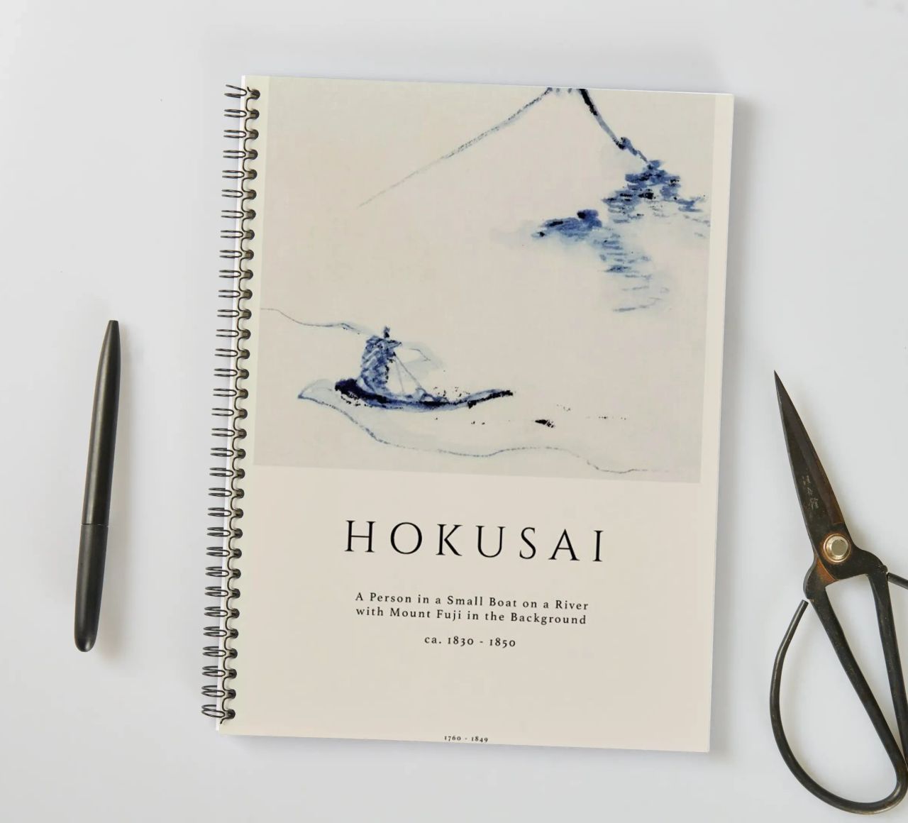 Hokusai - A Person in a Small Boat on a River with Mount Fuji in the Background II spiral notebook by Vintage by JUNIQE