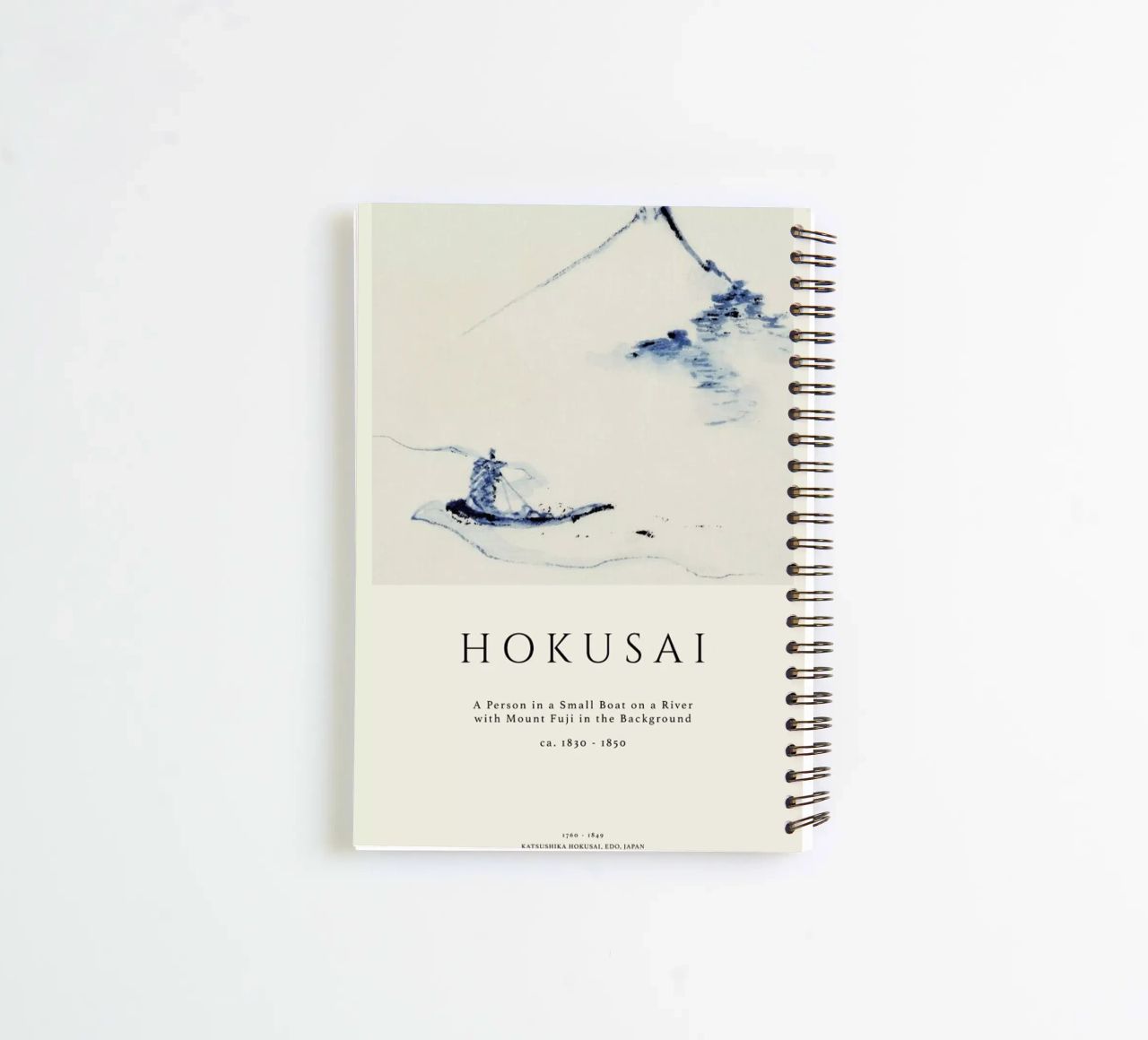 Hokusai - A Person in a Small Boat on a River with Mount Fuji in the Background II spiral notebook by Vintage by JUNIQE