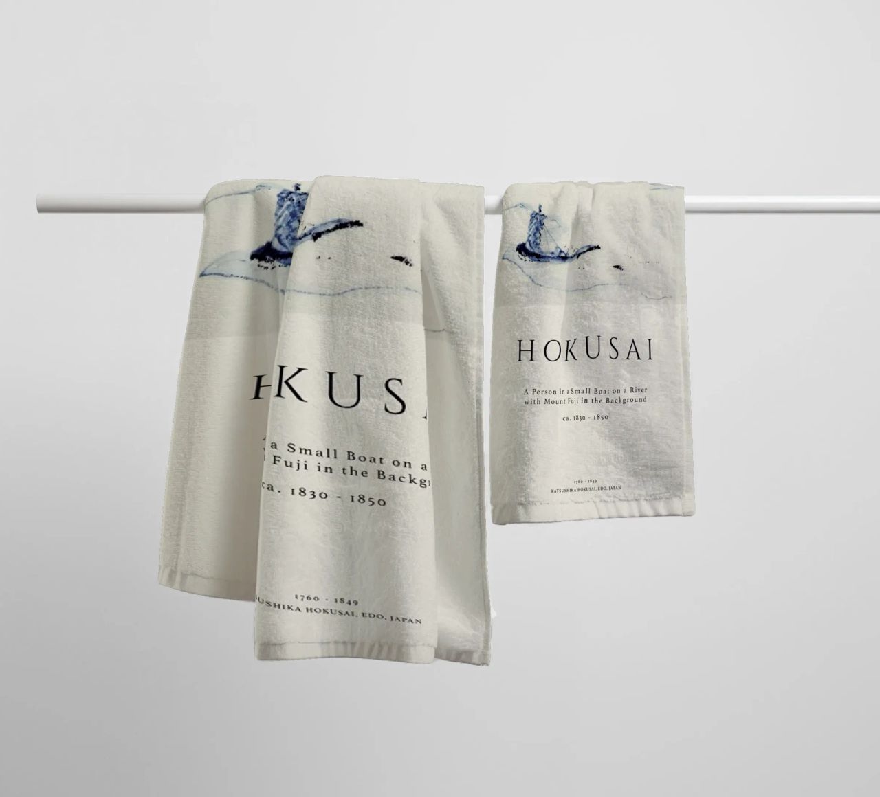 Hokusai - A Person in a Small Boat on a River with Mount Fuji in the Background II towel by Vintage by JUNIQE