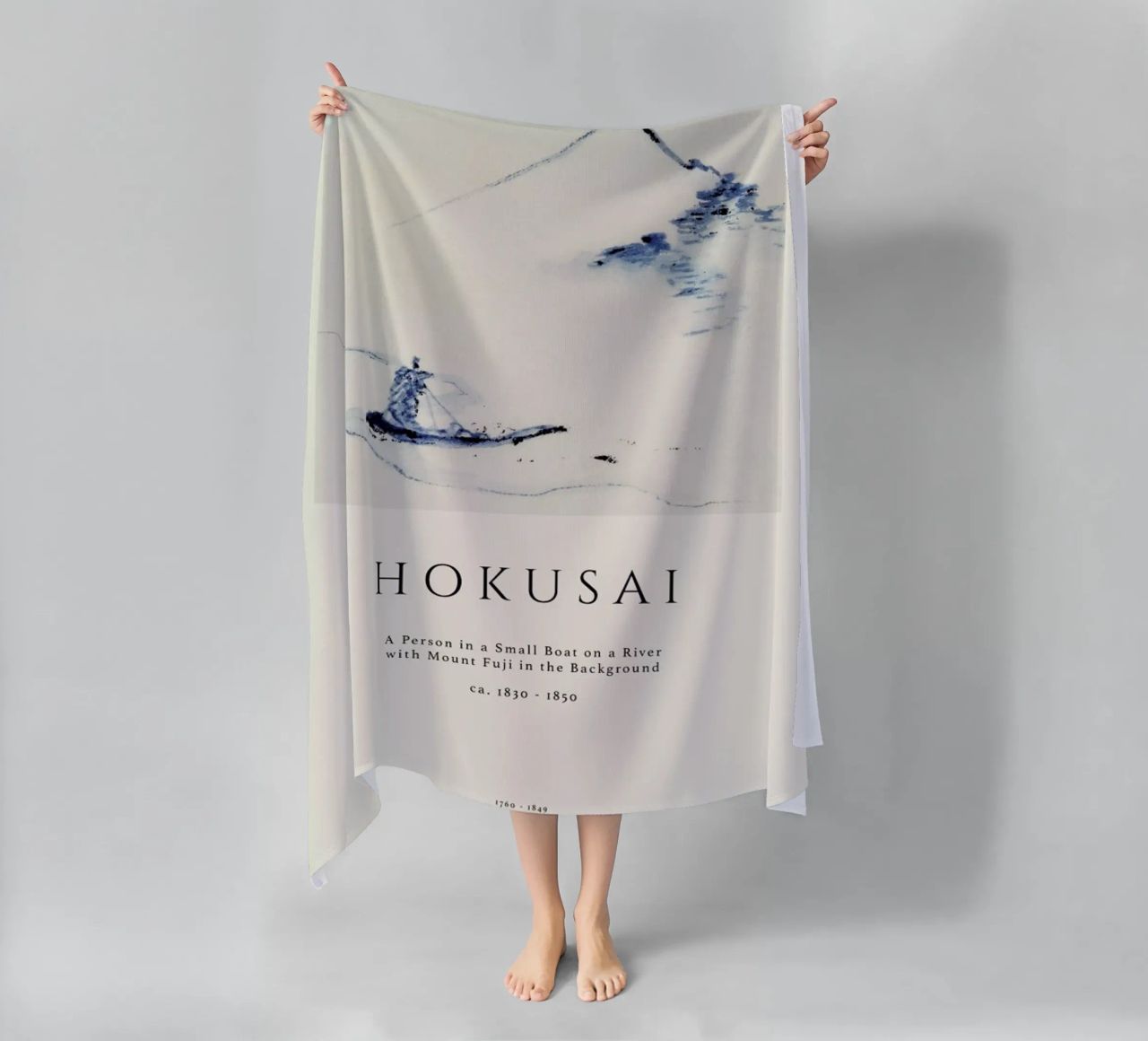 Hokusai - A Person in a Small Boat on a River with Mount Fuji in the Background II beach towel by Vintage by JUNIQE