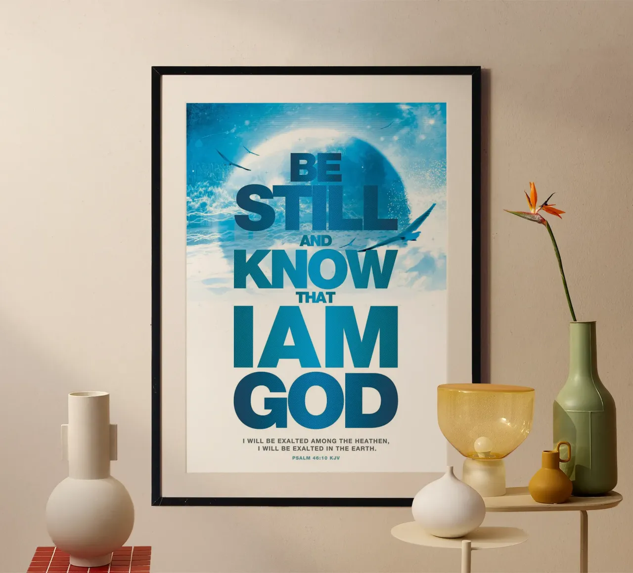 nuvole uccelli vento cerchio testo versetto biblico poster con telaio in legno da James Isaac Jackson