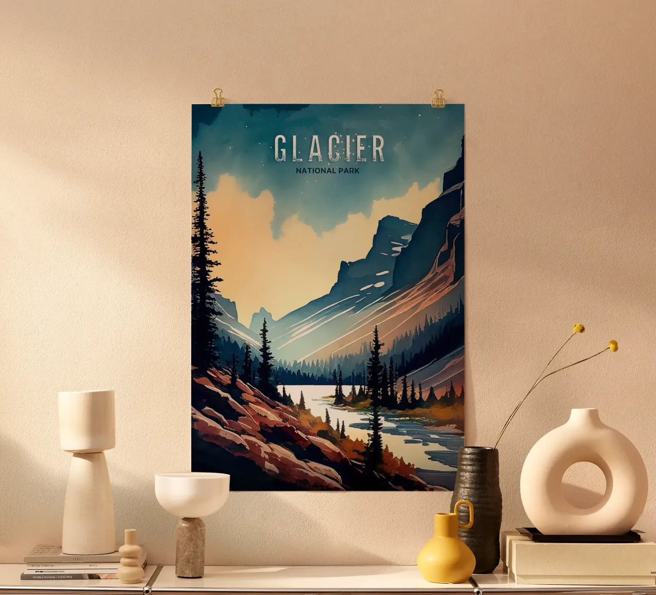 glacier national park mountains river trees forest poster with wooden frame by James Isaac Jackson