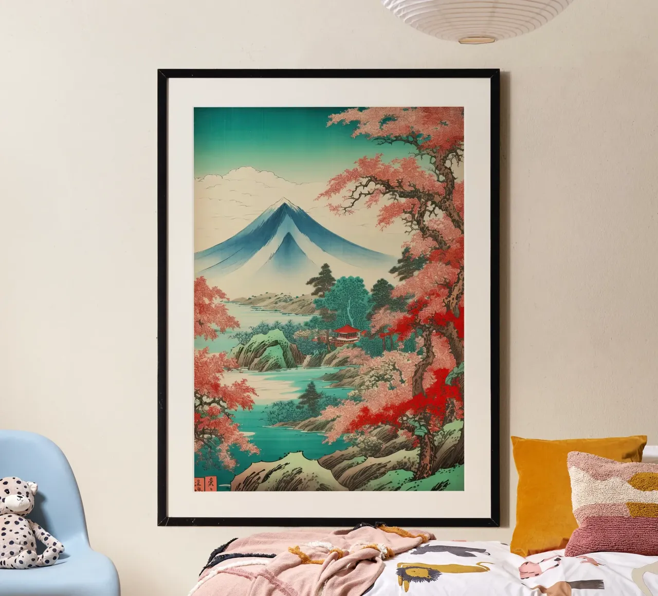 alberi di montagna fiori rosa fiori rossi cielo blu poster con telaio in legno da James Isaac Jackson
