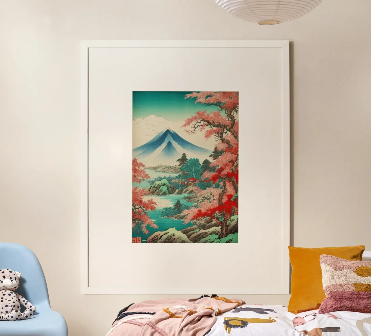 alberi di montagna fiori rosa fiori rossi cielo blu poster con telaio in legno da James Isaac Jackson