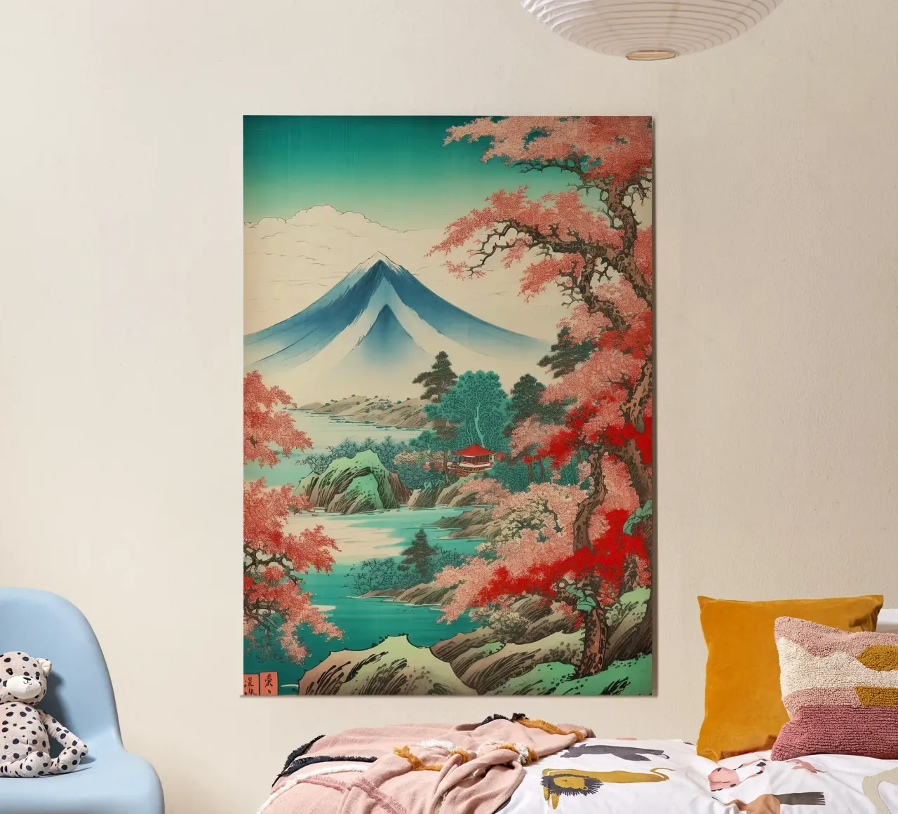 alberi di montagna fiori rosa fiori rossi cielo blu poster con telaio in legno da James Isaac Jackson