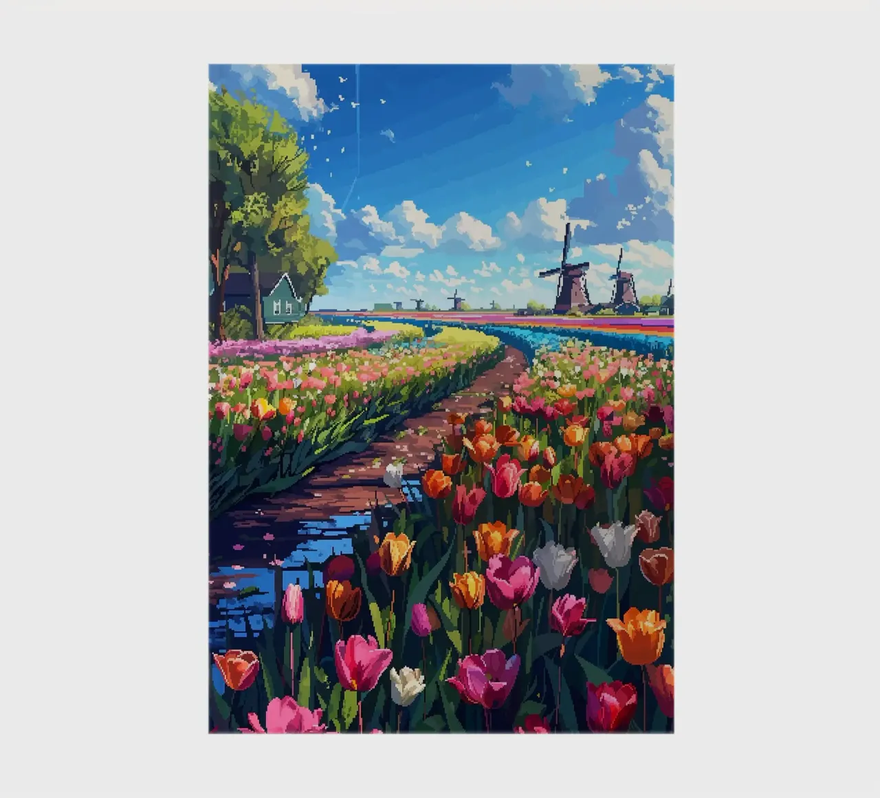 tulip fields windmills dirt path blue sky clouds trees notebook by James Isaac Jackson