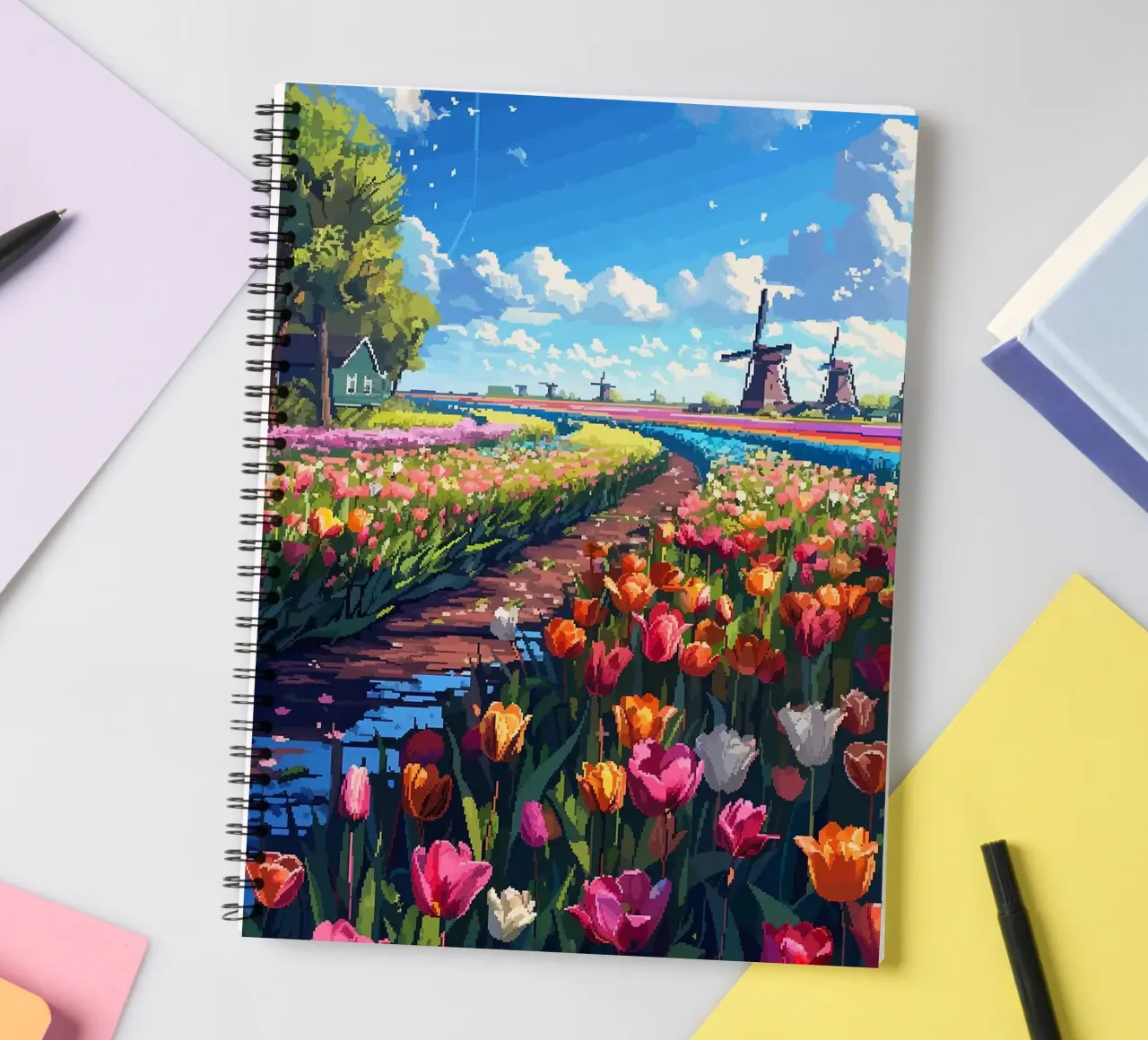 tulip fields windmills dirt path blue sky clouds trees spiral notebook by James Isaac Jackson