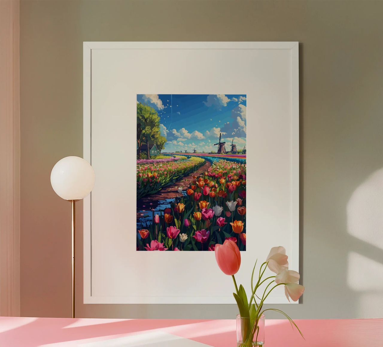 tulip fields windmills dirt path blue sky clouds trees poster by James Isaac Jackson