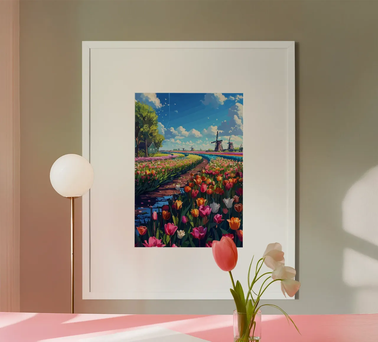 campi di tulipani mulini a vento sentiero sterrato cielo blu nuvole alberi poster da James Isaac Jackson