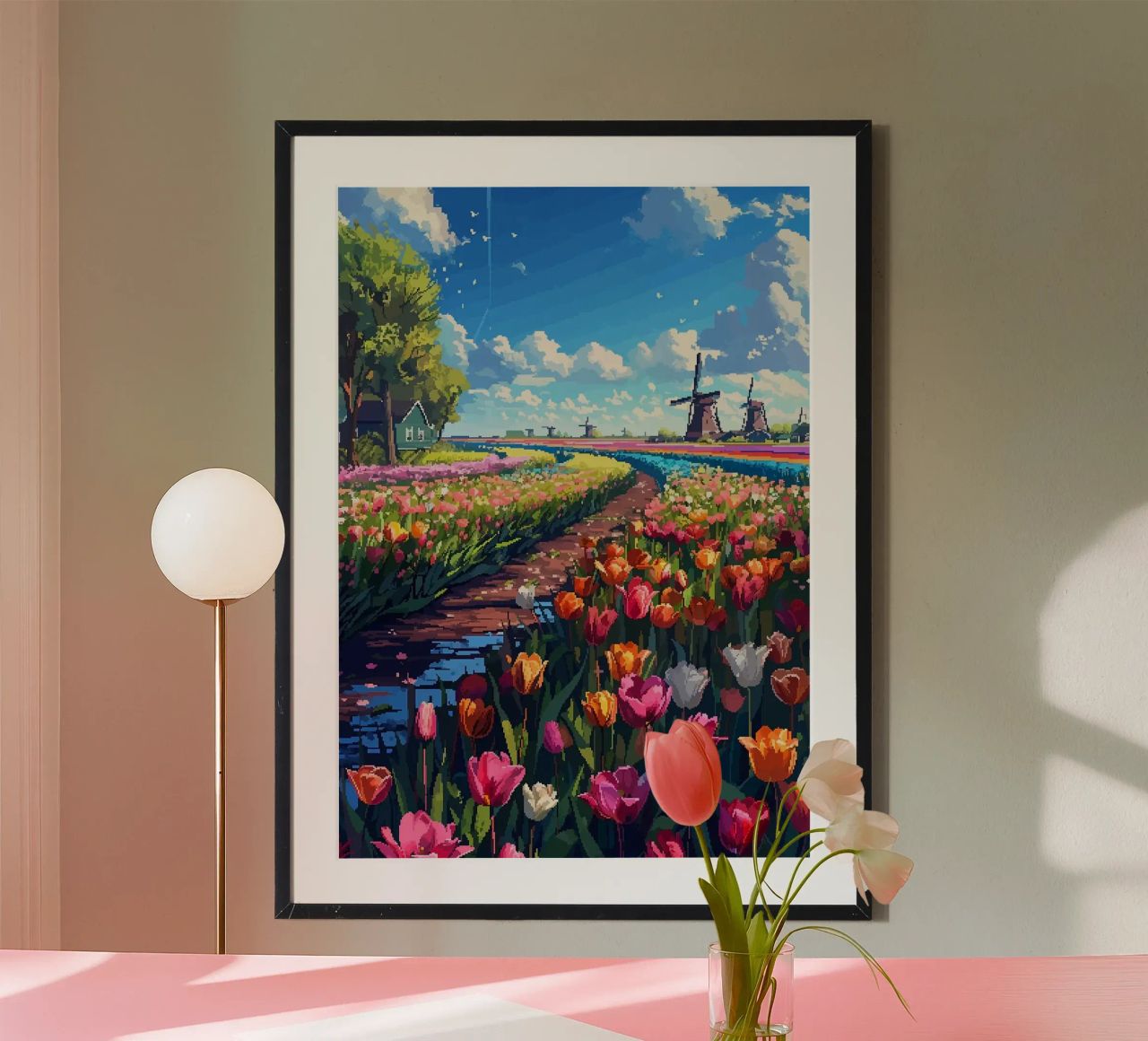tulip fields windmills dirt path blue sky clouds trees poster by James Isaac Jackson