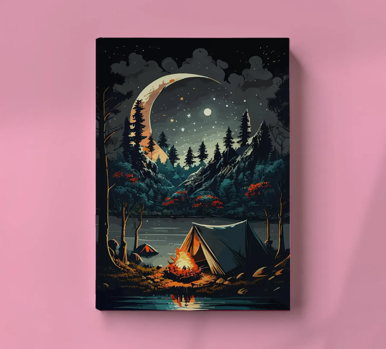 Lagerfeuer Zelt Mondsichel Nachthimmel Sterne Wald Kiefer Notizbuch von James Isaac Jackson