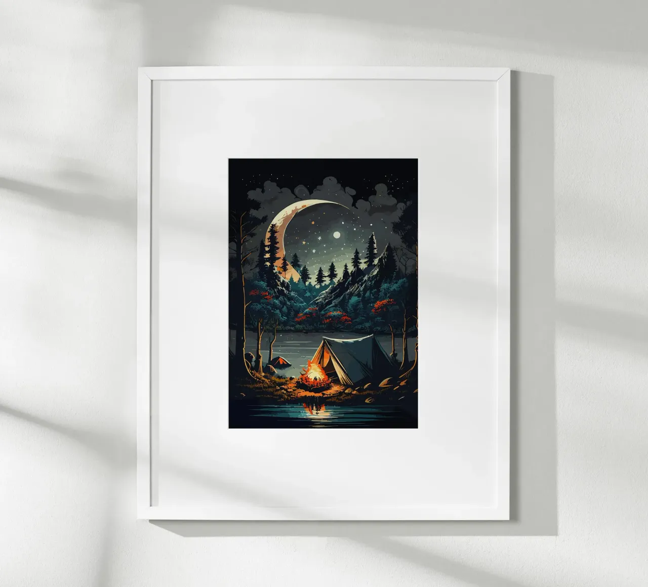 campfire tent crescent moon night sky stars forest pine tree poster with wooden frame by James Isaac Jackson