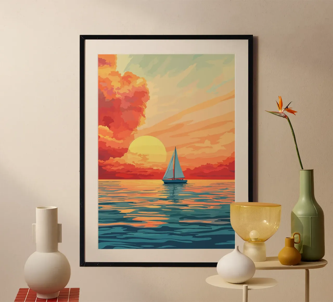 vela tramonto oceano mare barca a vela acqua nuvole poster con telaio in plastica da James Isaac Jackson