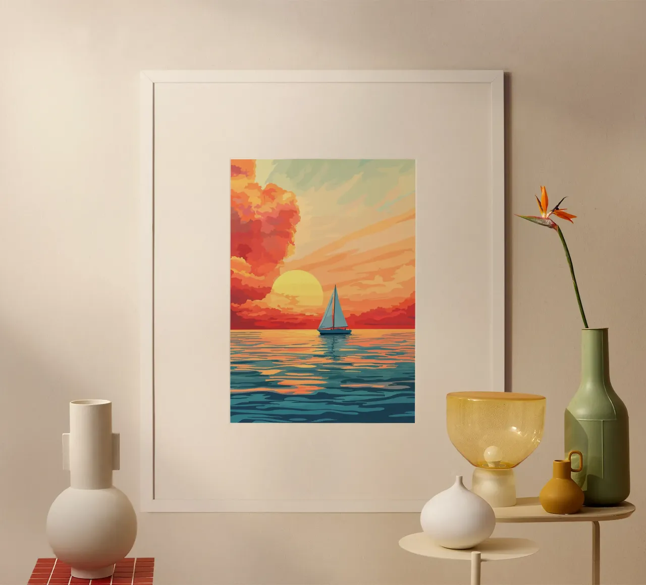vela tramonto oceano mare barca a vela acqua nuvole poster con telaio in plastica da James Isaac Jackson
