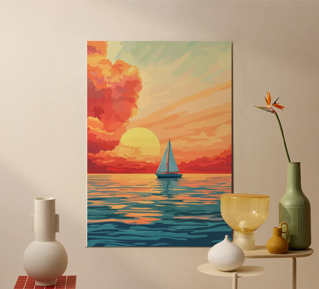 vela tramonto oceano mare barca a vela acqua nuvole poster con telaio in plastica da James Isaac Jackson