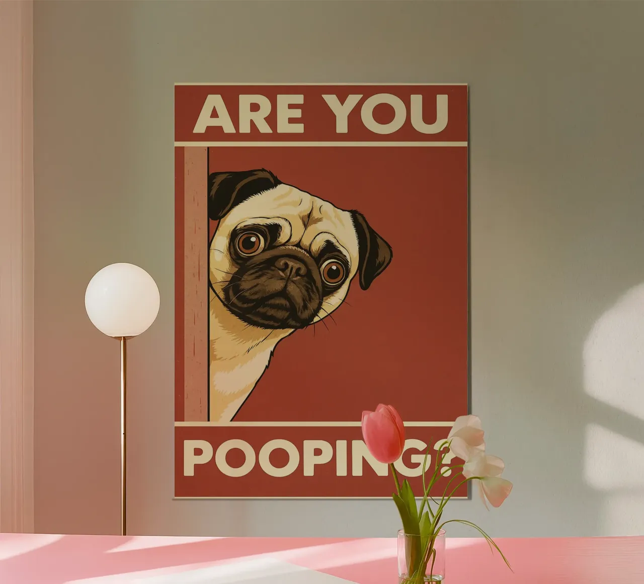 Stai facendo la cacca del cane carlino Bagno divertente poster con telaio in alluminio da the gindils