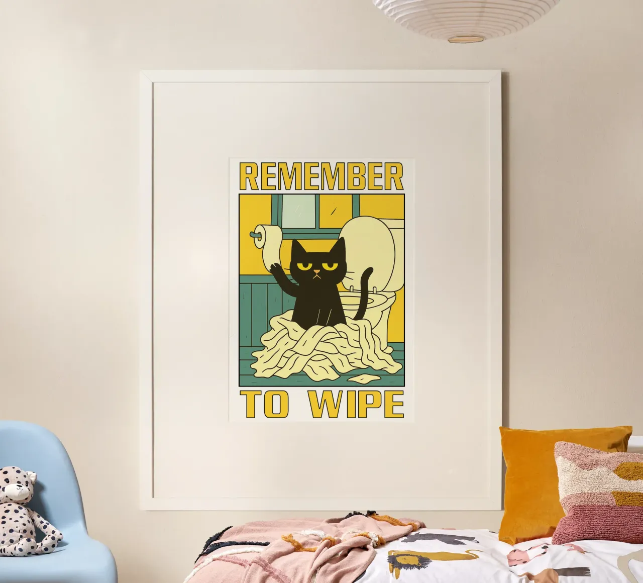 Gatto nero ricorda di pulire il bagno divertente poster con telaio in alluminio da the gindils