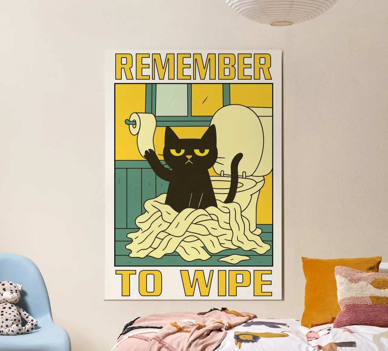 Gatto nero ricorda di pulire il bagno divertente poster con telaio in alluminio da the gindils