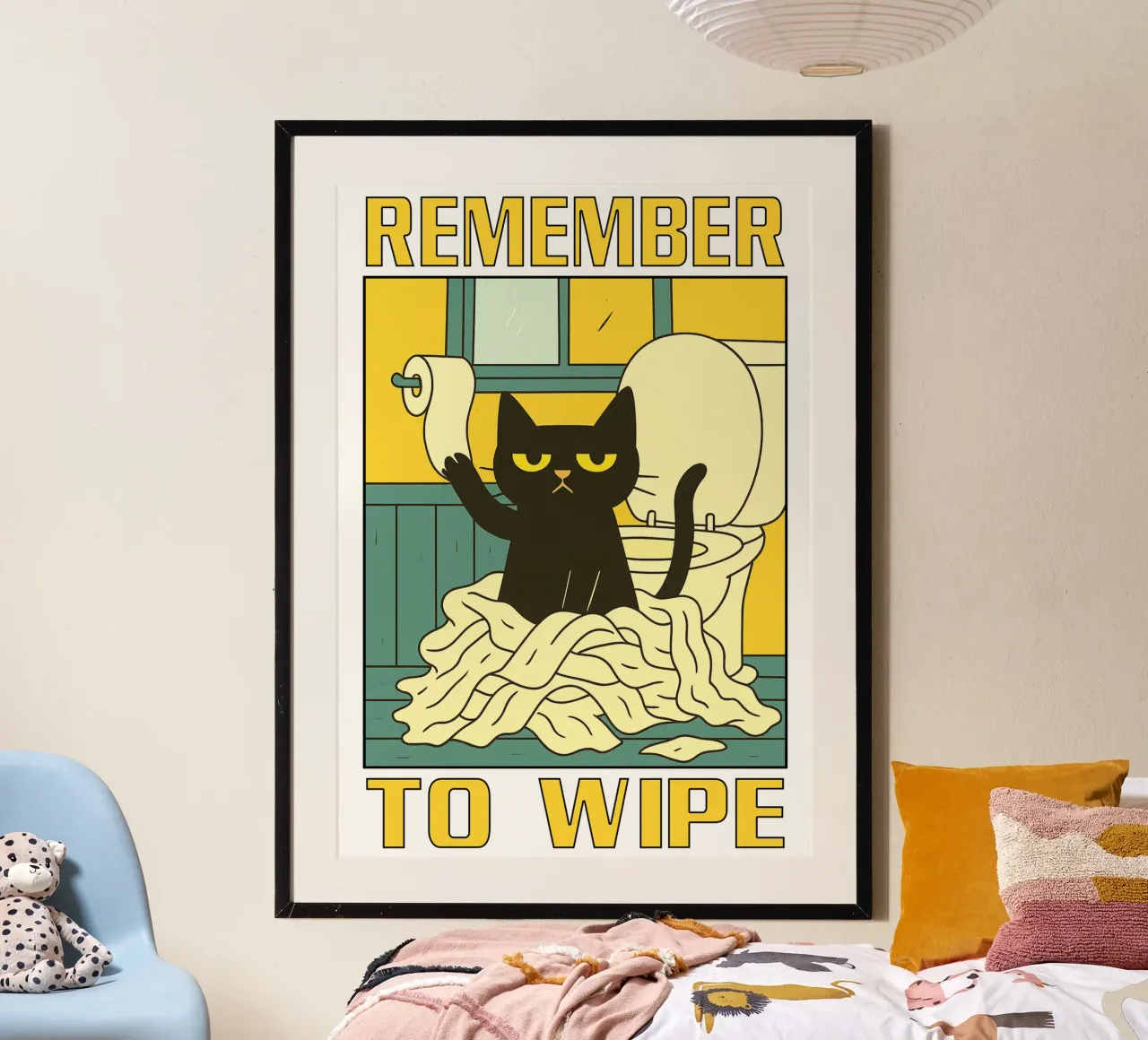 Gatto nero ricorda di pulire il bagno divertente poster con telaio in alluminio da the gindils