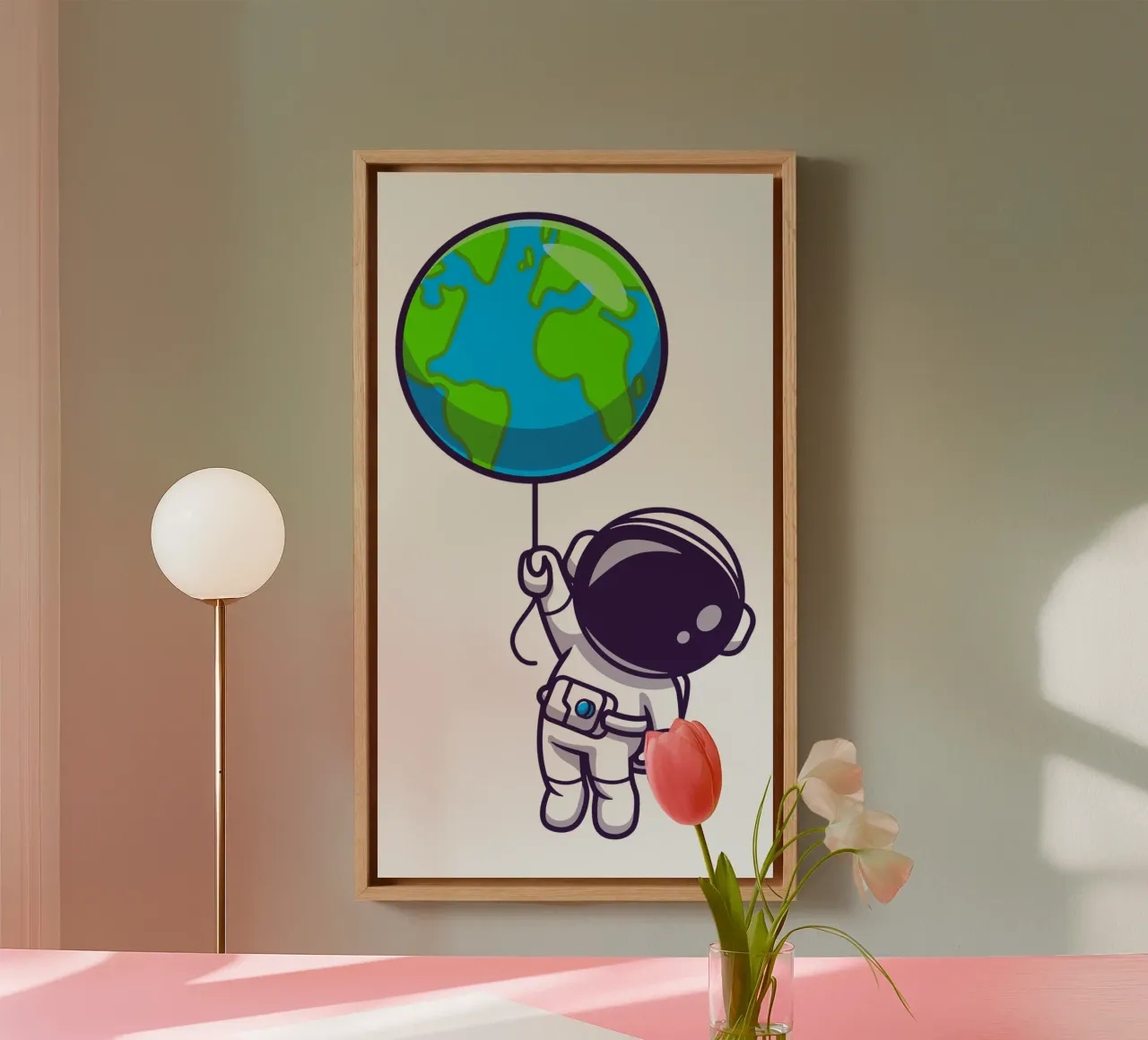 Cute astronaut floating with earth world balloon canvas with Floater frame by brockcon Shop