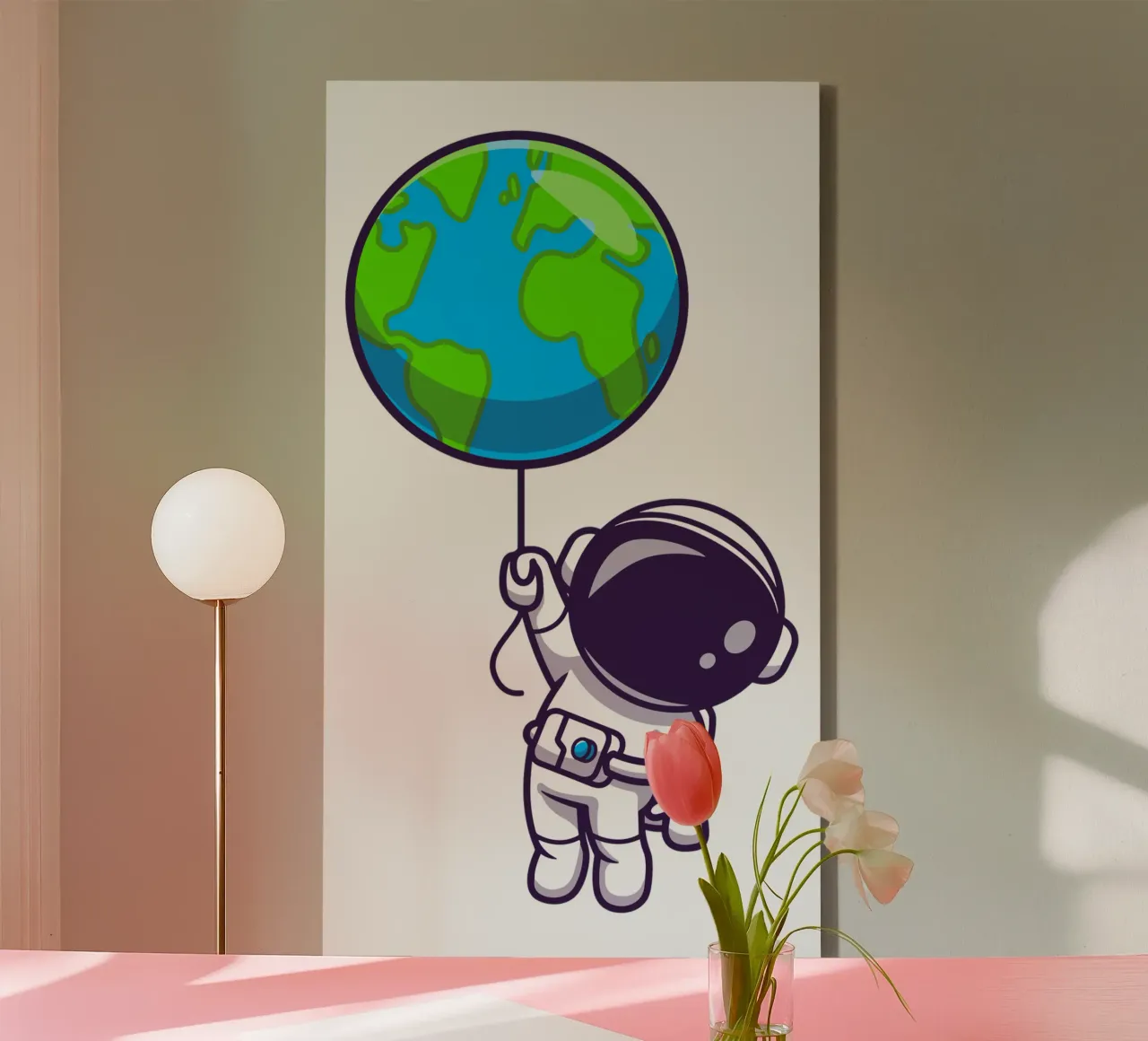Cute astronaut floating with earth world balloon canvas with Floater frame by brockcon Shop