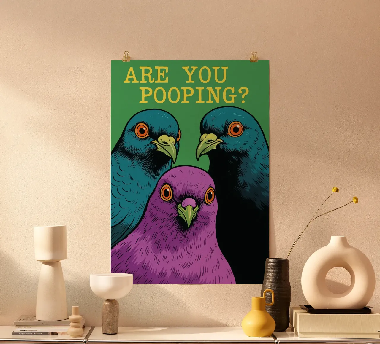 Divertente Bagno Are You Pooping Pigeon Divertente poster con telaio in plastica da the gindils