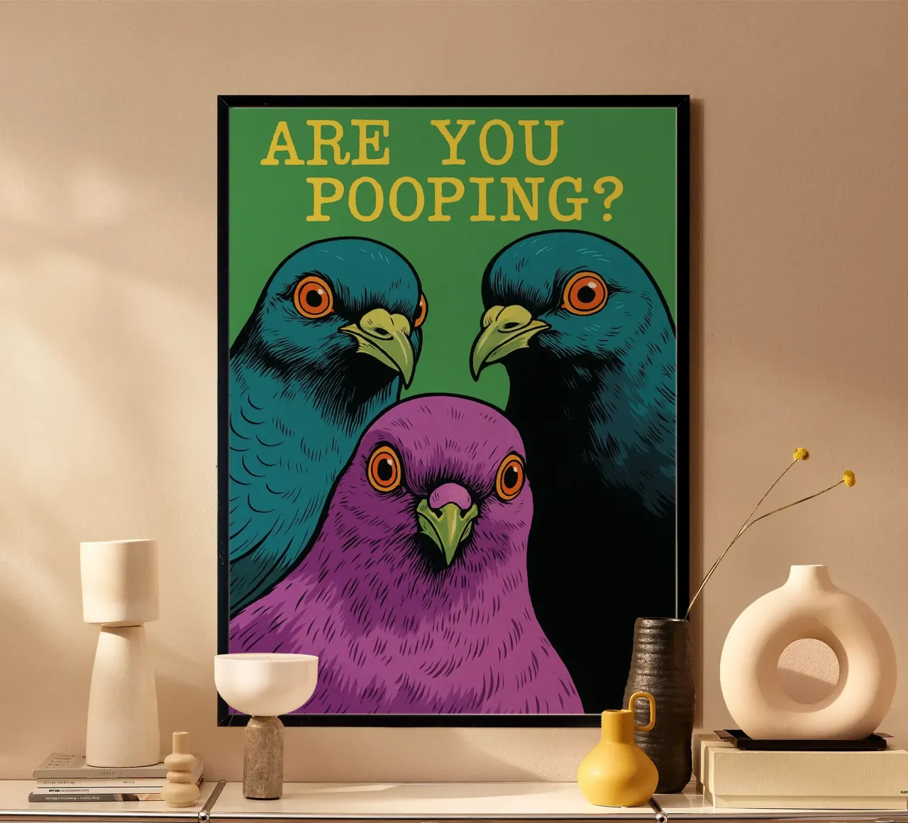 Divertente Bagno Are You Pooping Pigeon Divertente poster con telaio in plastica da the gindils