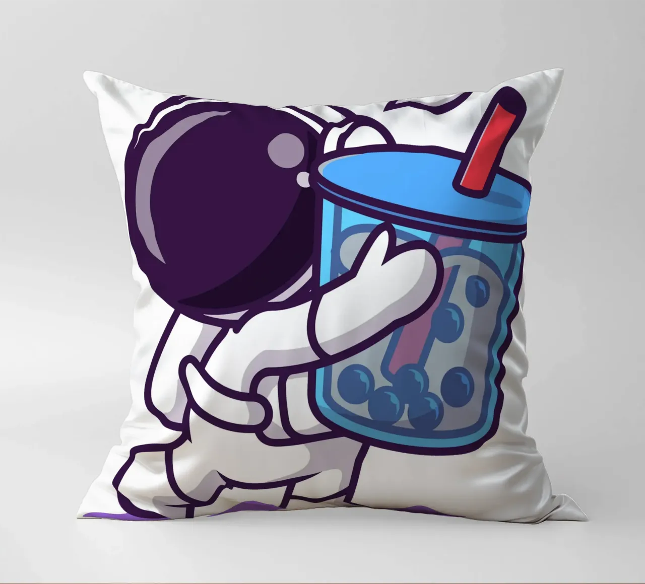 Cute astronaut holding boba milk tea drink decorative cushion by brockcon Shop