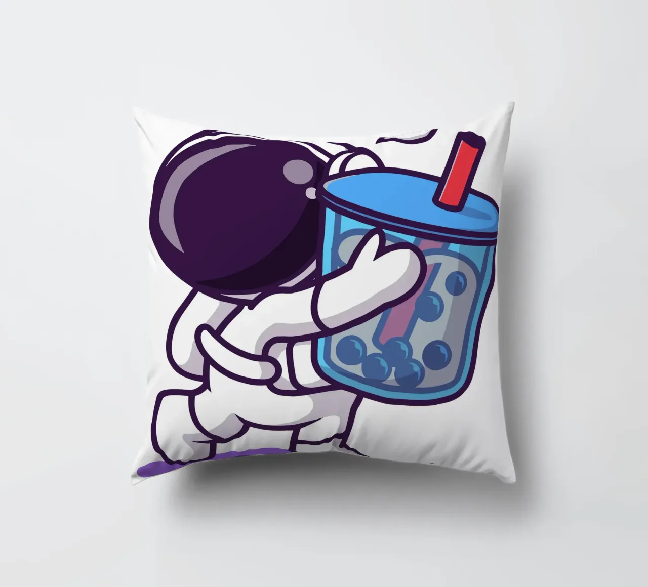 Cute astronaut holding boba milk tea drink decorative cushion by brockcon Shop