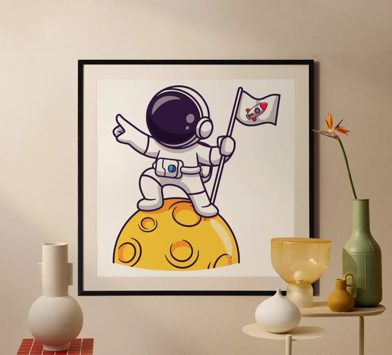 Carino l'astronauta che tiene la bandiera sulla luna poster con telaio in plastica da brockcon Shop